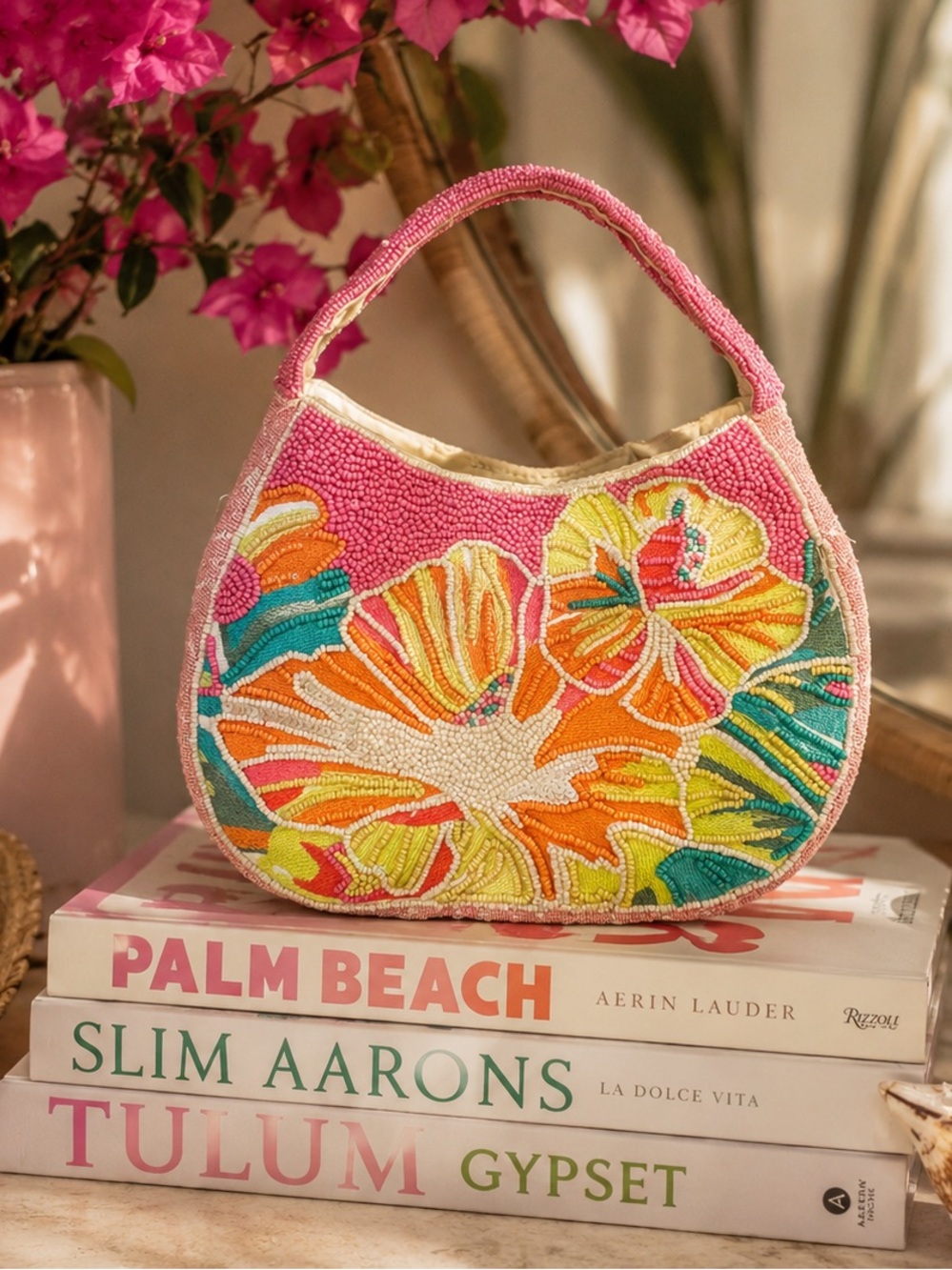 Colorful Hand Beaded Tropical Floral Shoulder Bag Pink Resort Vacation Purse